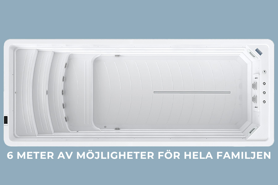 Hem 16 Ett kollage på ett spabad med texten "6 meter av möjligheter för hela familjen"
